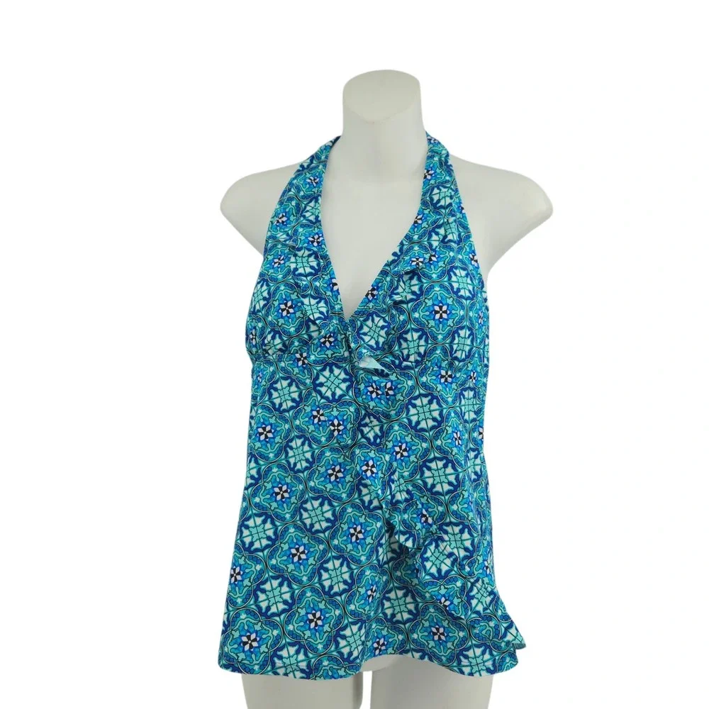 Assets by Sara Blakely Swim Tankini Top Women Large Blue Geometric Halter Ruffle